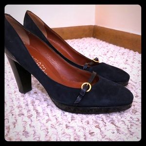 Platform navy suede and patent pumps.